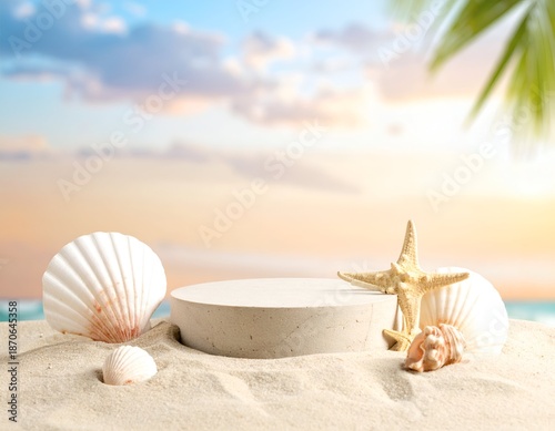 Sand stage with seashells, starfish, and palm fronds. Sunset backdrop