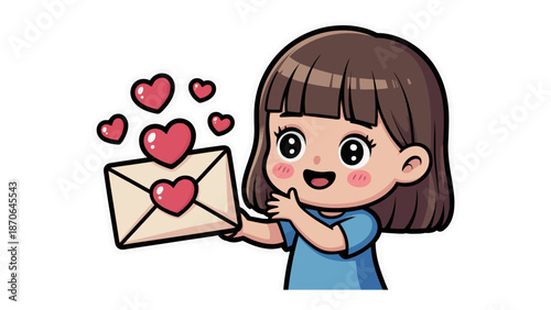 Animated Love Letter: A charming animated character of a girl, delighted holding a letter adorned with hearts, radiating joy and affection. 