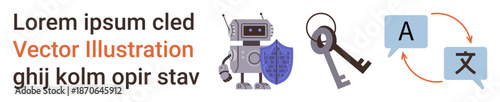 Cybersecurity, artificial intelligence, translation services, language learning, information security, tech innovation. A robot holds a shield, key and translation icons displayed. Cybersecurity