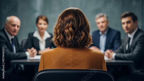 Job candidate during interview with team in modern office setting