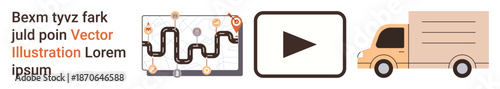 Logistics, delivery, transportation, route mapping, video playback, app functionality. Route map and icons of play and truck show delivery process. Logistics and delivery concepts
