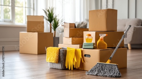 Cleaning Supplies and Moving Boxes in Bright Living Room Space