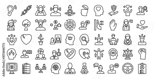 Line Icons Collection Depicting Mental Health and Wellness Symbols.