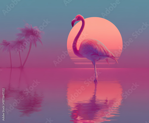 vibrant flamingo silhouette against miami vice style background lifestyle minimalist