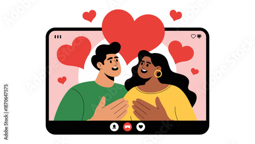 Digital Romance: A couple is enveloped in a virtual embrace, symbolized by hearts, as they share a moment of affection and connection.