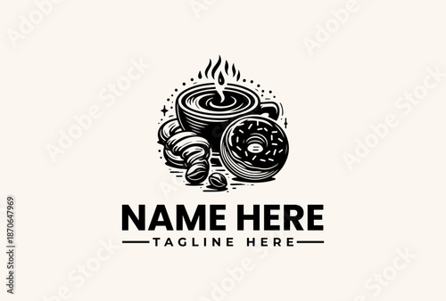 Wallpaper Mural A black and white illustration of a coffee cup with a gear and pastry, designed as a logo or pictogram on a beige background. Torontodigital.ca