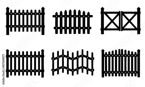 Black Silhouette Set of Picket Fences and Garden Gates, Classic Wooden Fence Outline Collection