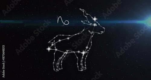 Animation of connected dots forming capricorn symbol and lens flares over black background