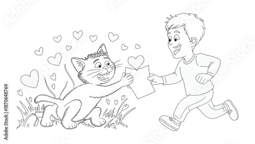 Friendship & Affection: A heartwarming illustration shows a happy young person gifting a letter filled with hearts to a cheerful cat, symbolizing friendship, love, and care.