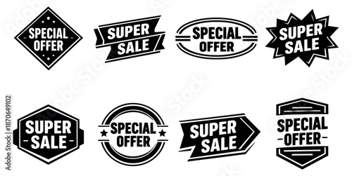 Modern graphic sale labels set featuring super sale and special offer messages for commercial promotions