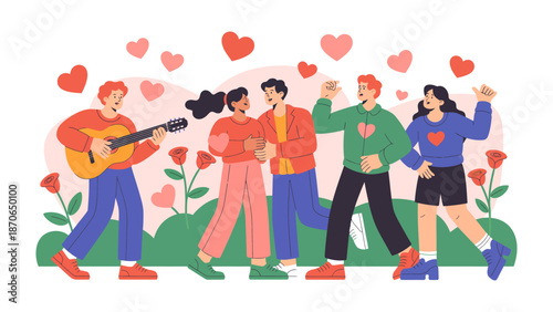 Serenade of Hearts: Illustrating the bond of friendship and shared moments, this image presents a collection of friends enjoying a melody and playful love among themselves. 