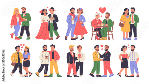 Romantic Rendezvous: A collection of couples, each a testament to love's diverse expressions, enjoy tender moments. Their joyful interactions evoke warmth, connection.