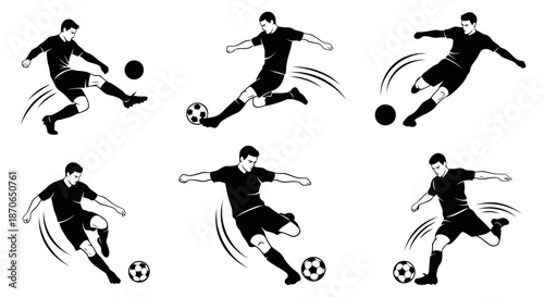 Silhouetted Soccer Players in Action Kicking Ball Vector Illustration Isolated on White Sport Team Championship Football Game Competition Athlete Activity Training