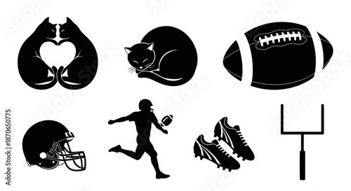 American Football Theme Black Silhouette Vector Illustration Isolated on White Cats Ball Helmet Player Shoes Goal Sport Game Equipment