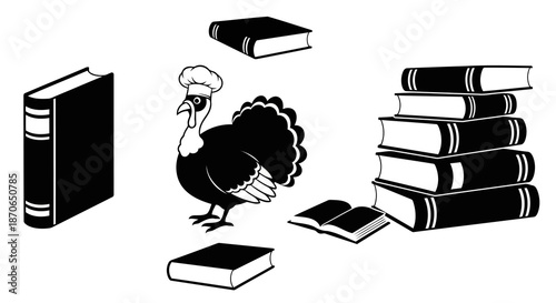 Books Stack with Open Book Turkey Chef Vector Illustration Design Education Knowledge Cook Thanksgiving Isolated on White Background Silhouette