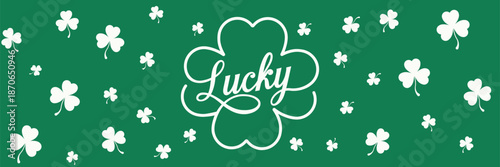 Charming white outline "Lucky" text nestled within a large white shamrock outline, surrounded by scattered white shamrocks on solid emerald green background.