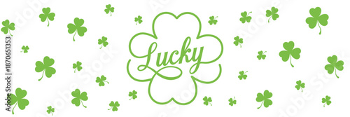 Elegant green cursive "Lucky" text framed by a large outlined shamrock, amidst scattered green shamrocks on a crisp white background. Fresh vector artwork ideal for St. Patrick's Day invitations, luck