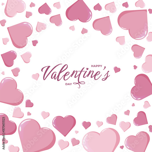 Valentine s Day greeting card with pink and purple glossy hearts forming a circular frame around Happy Valentine s Day text
