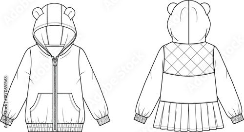 Kids hooded jacket technical fashion illustration, front and back view, cute bear ear design, apparel cad drawing flat vector illustration
