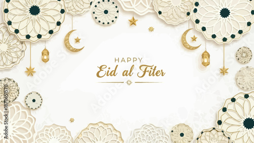 Eid al-Fitr greeting card with gold floral patterns and crescent moons on a white background, conveying a festive and celebratory mood.