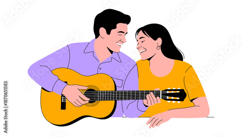 Serenade of Affection: A romantic duet unfolds as a man strums a guitar, his eyes locked with his beloved's, creating a moment of musical intimacy. 