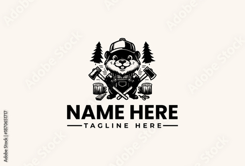 A black and white illustration of a cartoon bear wearing a hat, holding an axe and mallet, with pine trees behind, against a clean white background with space for a name and tagline.