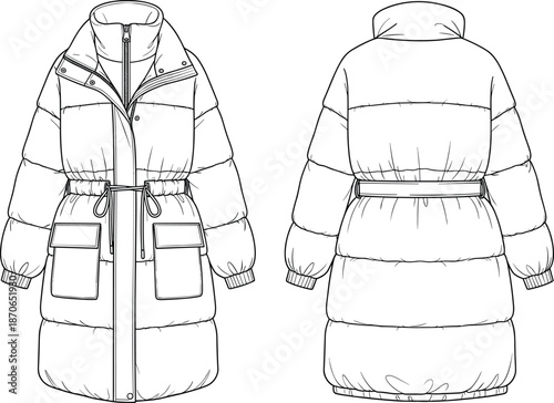 Long puffer jacket technical fashion illustration, front and back view, winter outerwear design, apparel cad drawing flat vector illustration