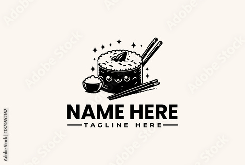 Black and white vector illustration of a sushi logo with chopsticks and a bowl on a beige background, conveying a simple and elegant mood.