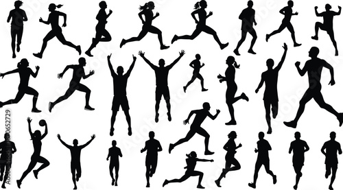 Running people silhouette set, fitness training poses, athletes motion, sport activity, healthy lifestyle, dynamic human movement illustration