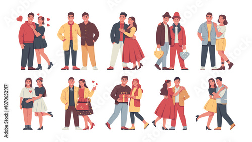 Couple's Diverse Encounters: A collection of various couples from diverse backgrounds, each pair captured in an array of moments filled with love and affection.