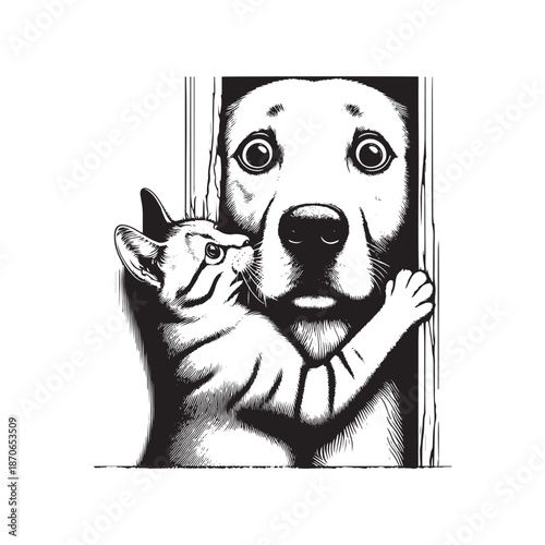 A dog and a cat looking through a window with curiosity and wonder