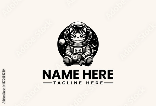 Black and white illustration of a cat in a spacesuit with a helmet, sitting on a dark background with celestial elements and a placeholder text for a logo or icon.