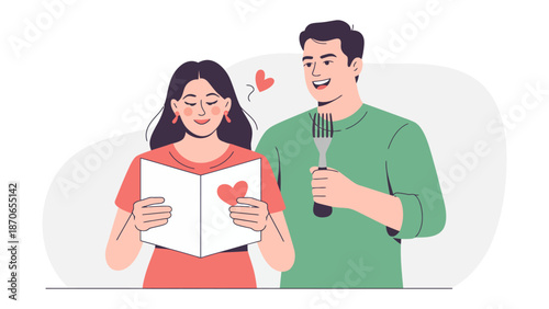 Love's Declaration: A tender moment unfolds as a man serenades his beloved with a microphone, while she, captivated, reads his heartfelt message.