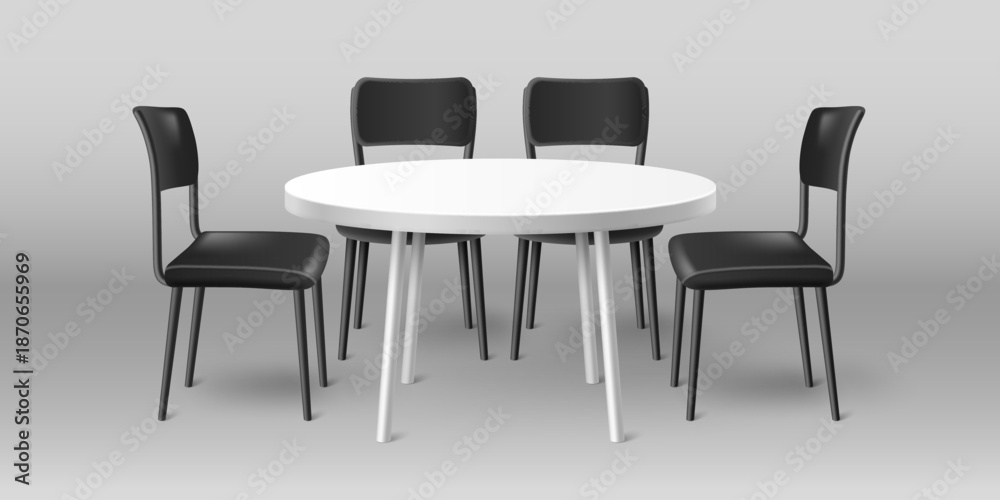 Fototapeta premium 3D table and chairs mockup isolated on background. Vector realistic illustration of simple furniture for exhibition booth, office conference room, home kitchen or dining area, interior design elements