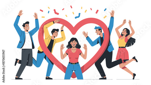 Harmony and Celebration: A vibrant illustration showcasing individuals celebrating unity and love, forming a heart, with confetti adding to the joyous atmosphere.