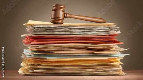 Stacks of documents with a wooden gavel on top in a simple workspace