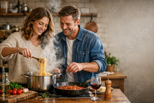 Horizontal happy couple cooking pasta together in a cozy home kitchen with warm lighting, steam rising from the pot and natural colors creating a joyful and intimate atmosphere, ideal for lifestyle 