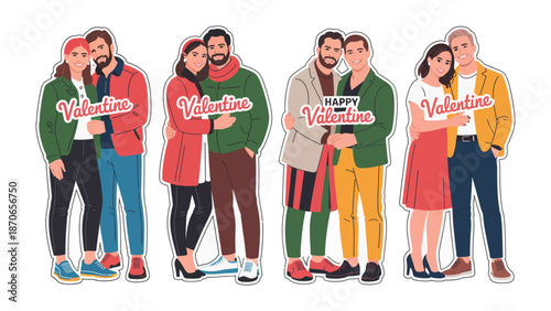 Valentine's Embrace: A set of heartwarming illustrations depicting diverse couples in affectionate embraces, each couple celebrating the spirit of Valentine's Day.