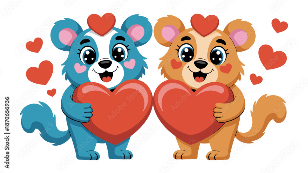 Obraz premium Cute Bears Share Love: Two adorable cartoon bears, each holding a heart, radiate warmth and affection, surrounded by floating hearts, creating a sweet and joyous scene.