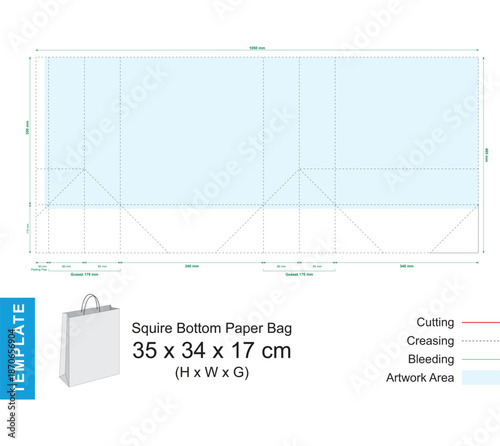 Squire bottom paper shopping bag die cut template 35x34x17 cm with 3D mockup