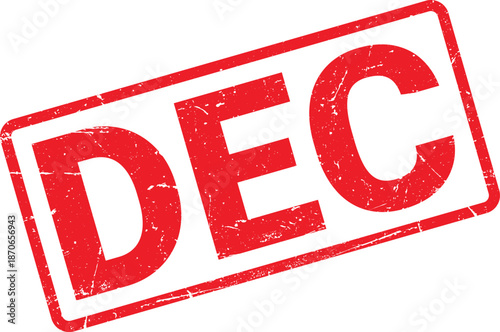 Distressed Red December Stamp Illustration, Month Abbreviation Inset, Rectangle with Rough Edges