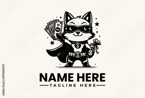 A black and white illustration of a raccoon mascot wearing a superhero costume, holding money and a star, with a bold logo design on a clean background.