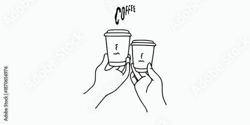Minimalist Line Art of Two Hands Toasting with Takeaway Coffee Cups and Lettering