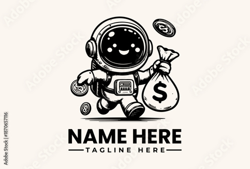 Black and white illustration of a smiling astronaut character holding a money bag and coins with a logo and tagline placeholder in a clean design.