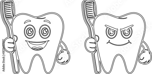 Two cartoon representations of teeth. On the left, there's a tooth with a blue toothbrush, holding it in its hand