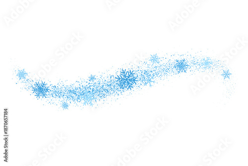 Snow wind with icy blue flakes on white background. Vector swirl abstract flow with fresh winter blow. Cold frosty wave with falling crystals for seasonal graphic and decorations