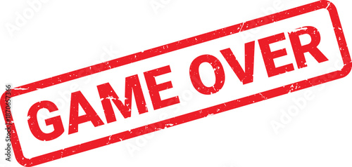 Distressed Red Game Over Rubber Stamp with Rounded Corners and Grunge Texture on White Background