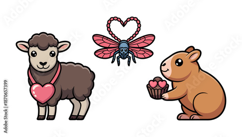 Adorable Valentine's Animals: A delightful illustration featuring a charming sheep with a heart-shaped necklace, a whimsical dragonfly with heart-shaped wings, and a cute capybara holding a cupcake.