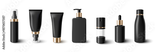 Skincare mockup set with black cosmetic bottles, tubes and pump containers with golden lids on white background. Realistic 3D beauty product packaging - cream tubes, serum droppers, luxury containers