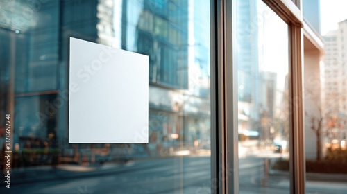 Blank square white sign mockup on glass shop window with blurred city street background